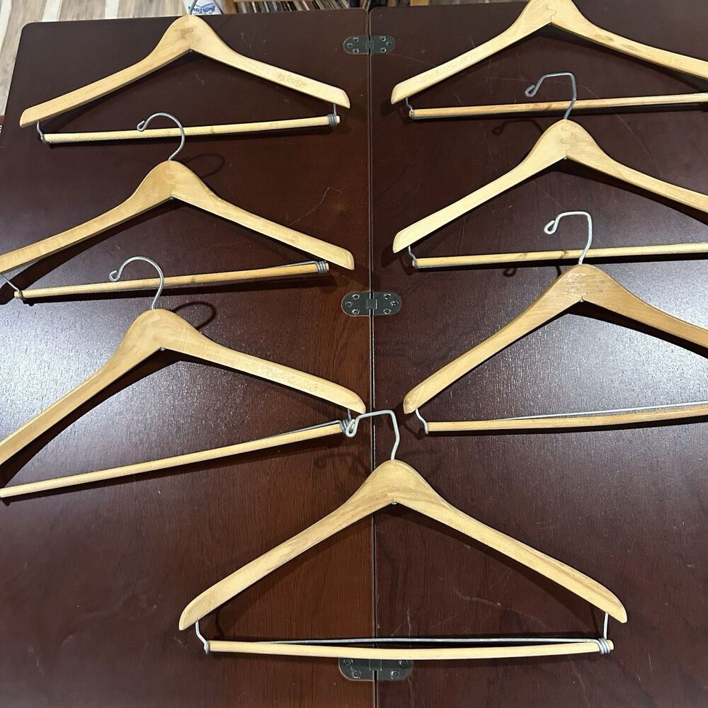 Lot 7 Wooden Suit Hangers Mixed Brands Wood Bar Metal Supports Adult Size